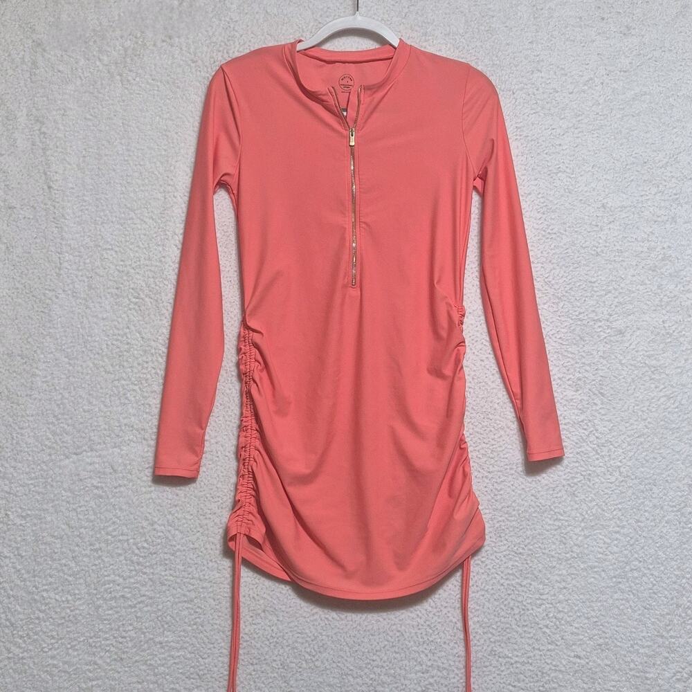 Mott50 Womens Long Sleeve Swim Dress Coral Neon Small UPF 50 Ruche Modest Beachy